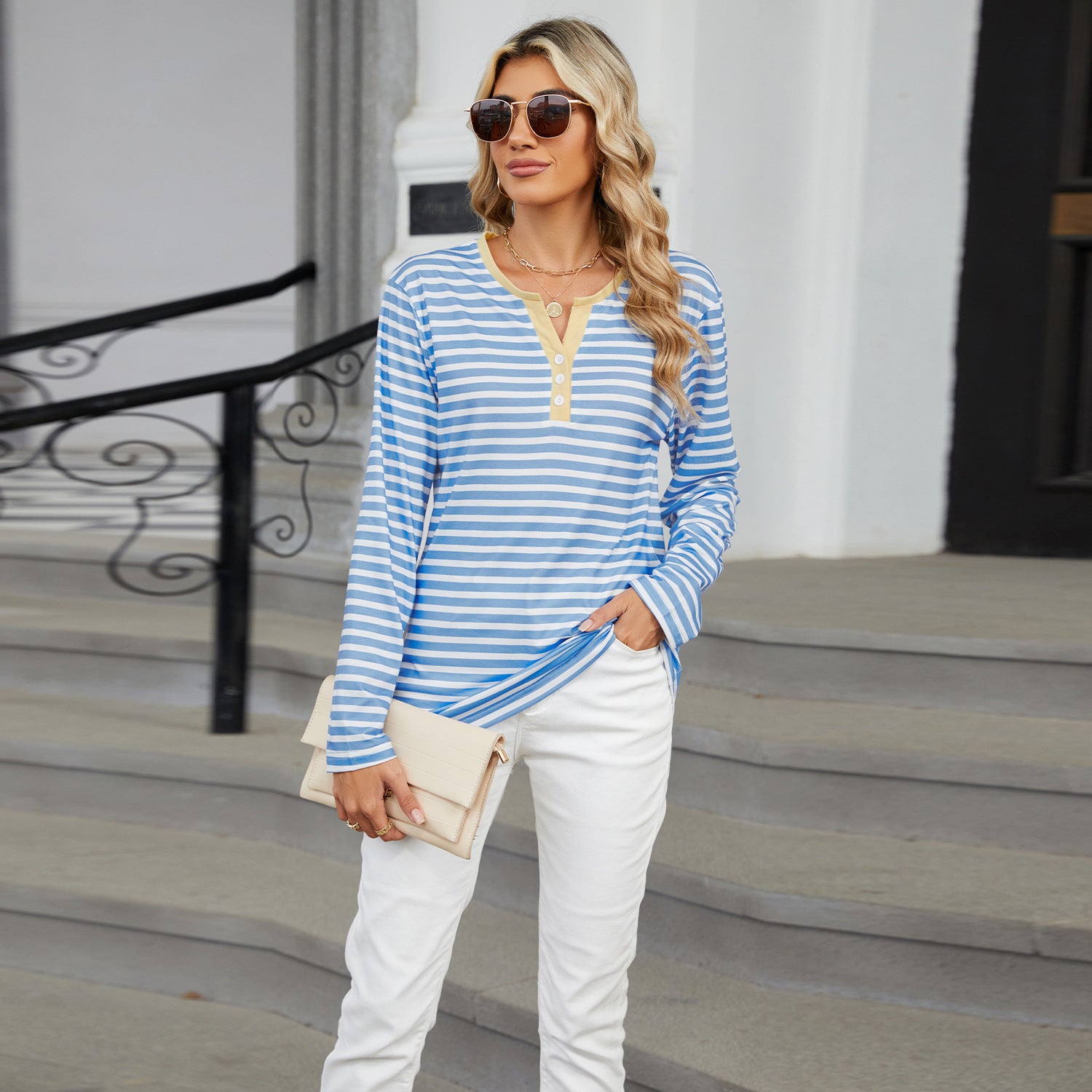 Sarah Express Women's V-Neck Striped Long Sleeve T-Shirt Loose Fit Casual Top