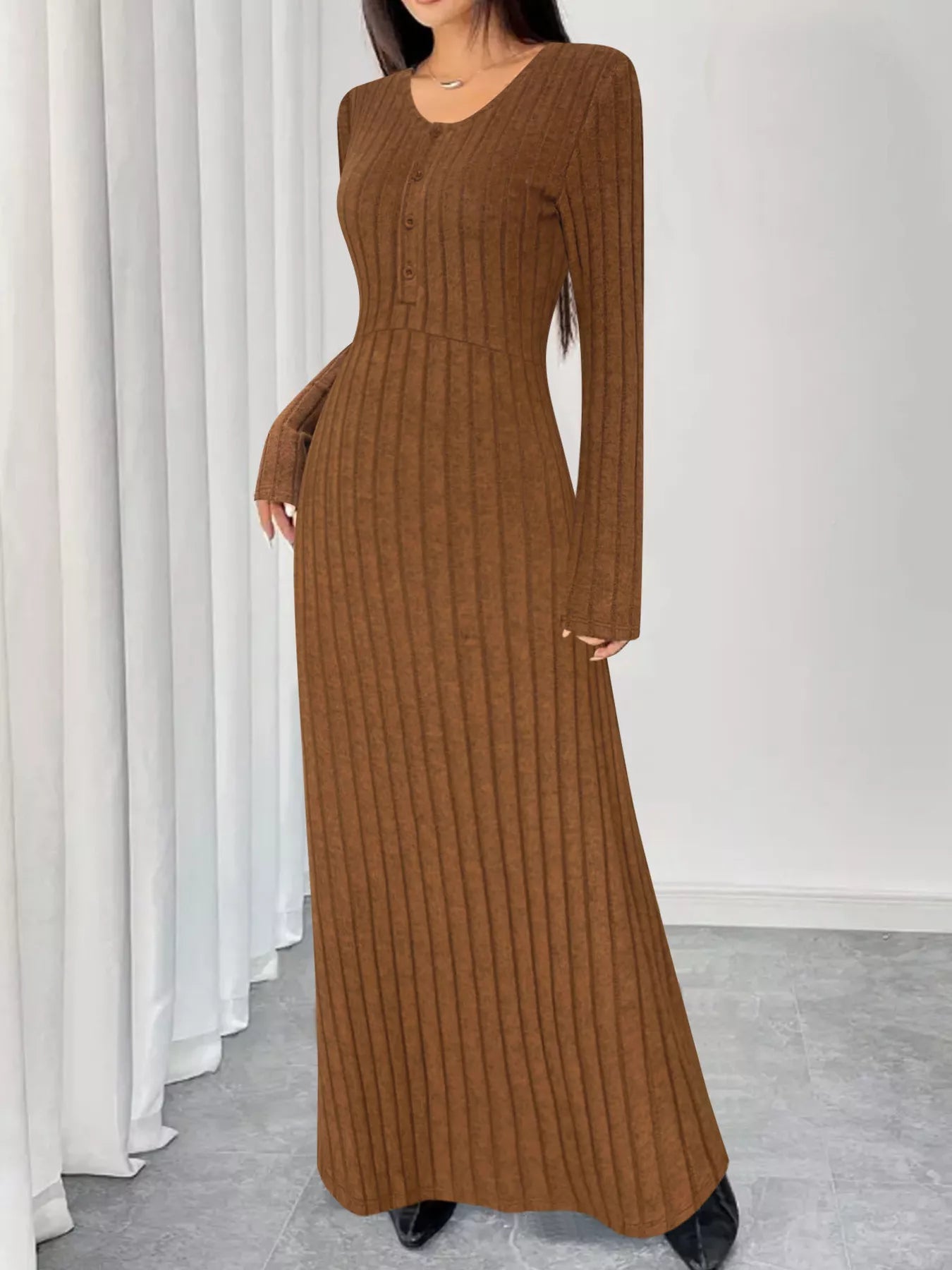Sarah Express Women's Ribbed Knit V-Neck Maxi Dress - Button Front Long Dress Brown