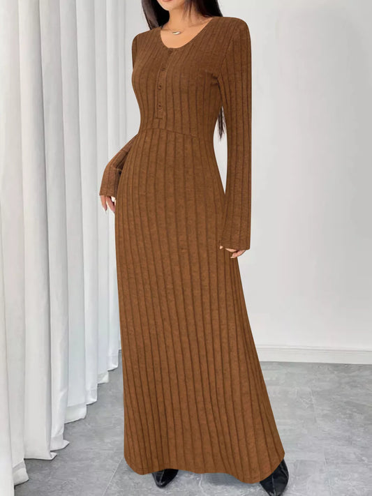 Sarah Express Women's Ribbed Knit V-Neck Maxi Dress - Button Front Long Dress Brown