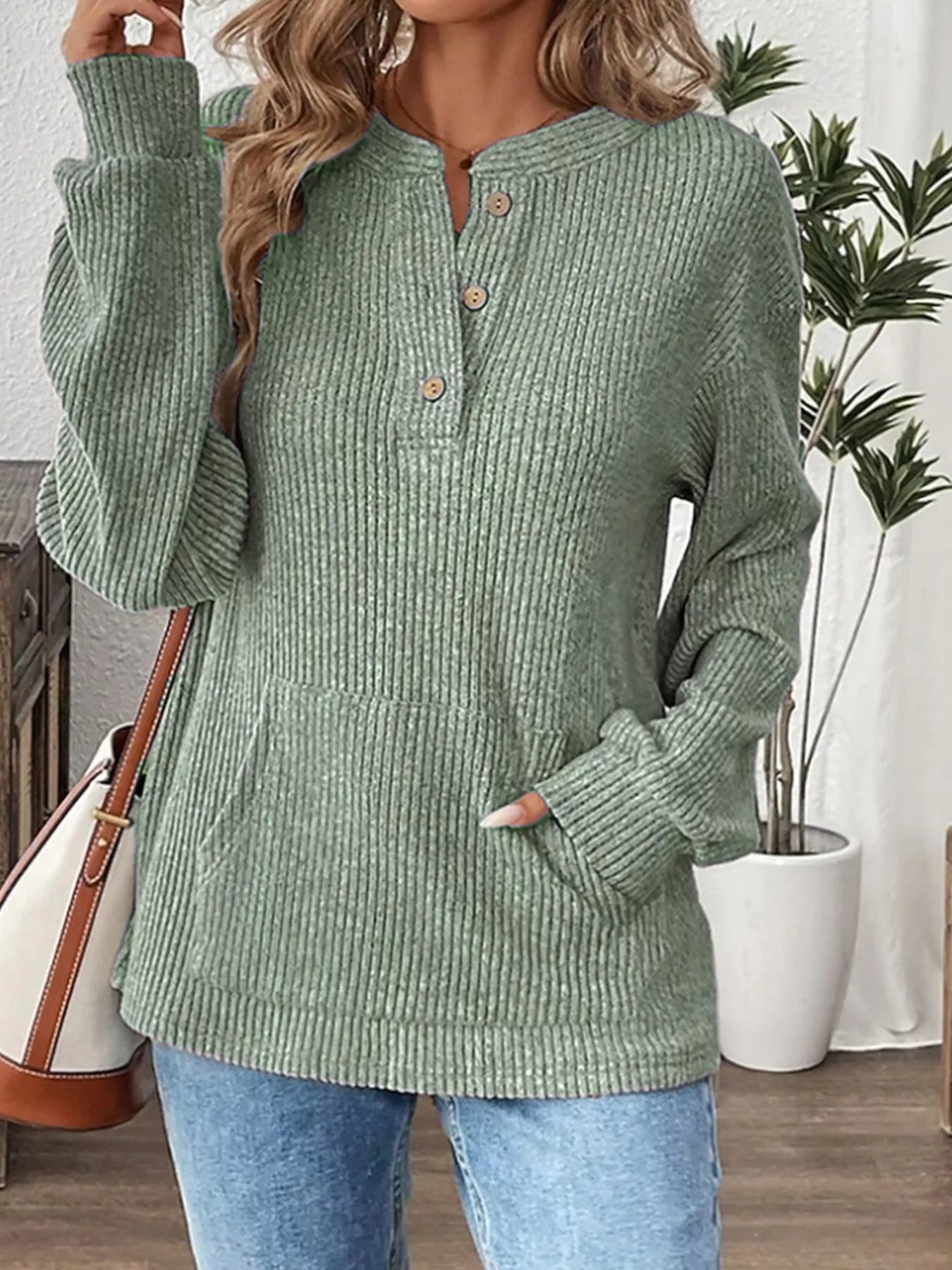 Sarah Express Women's Ribbed Button Detail Long Sleeve T-Shirt Light Green