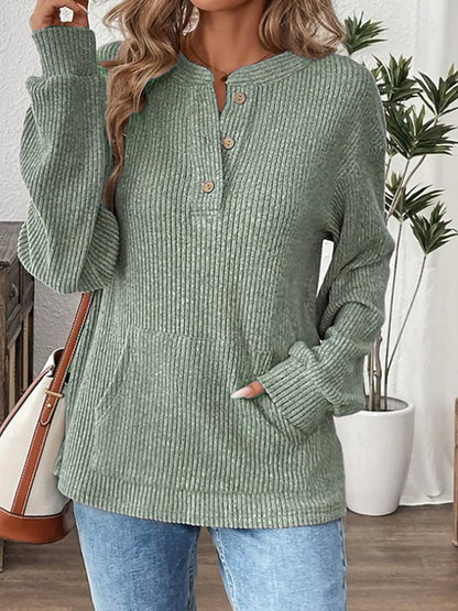 Sarah Express Women's Ribbed Button Detail Long Sleeve T-Shirt Light Green