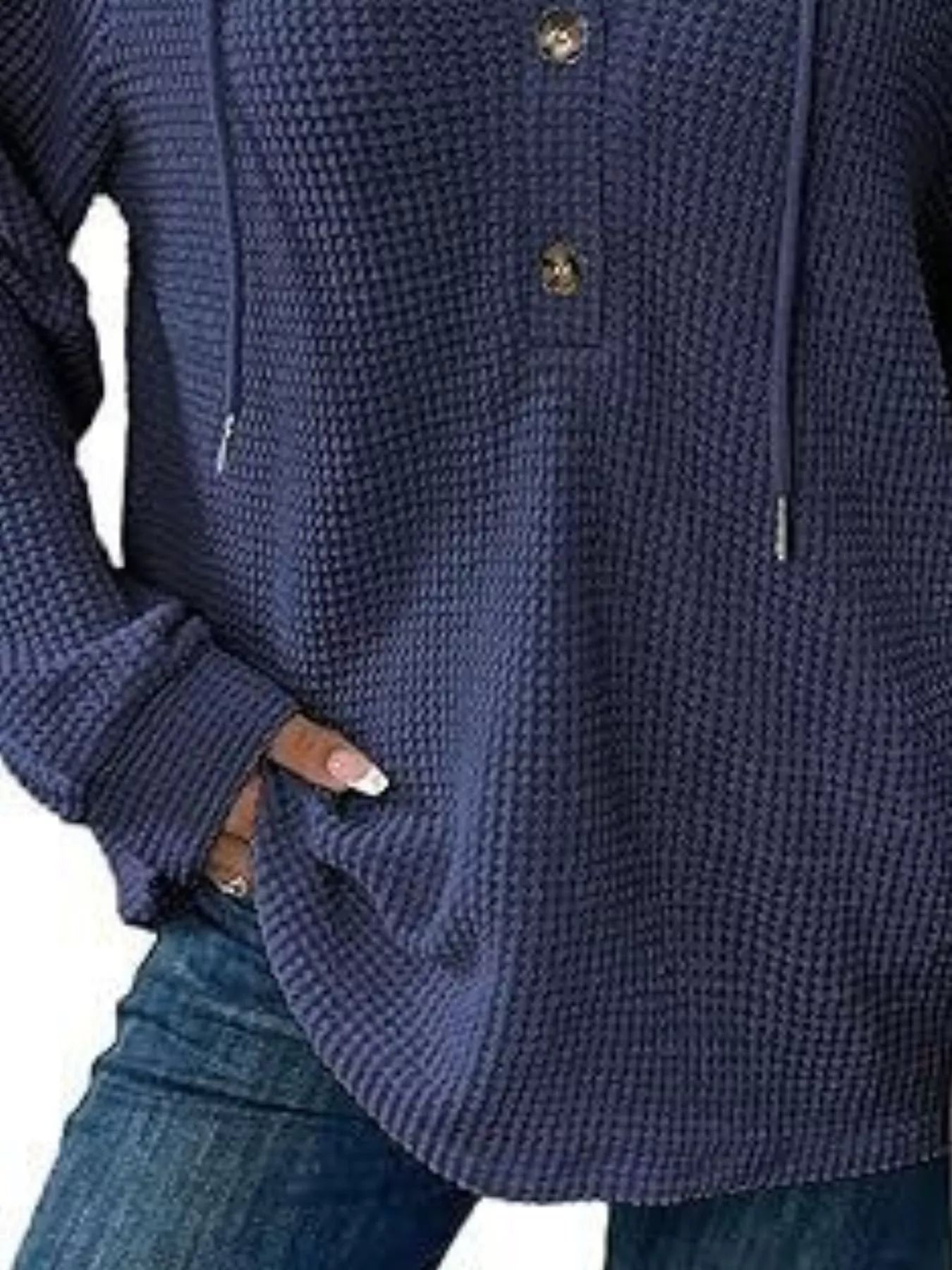 Sarah Express Women's Button Detail Waffle Knit Hoodie - Plus Size Drawstring Pullover with Pockets