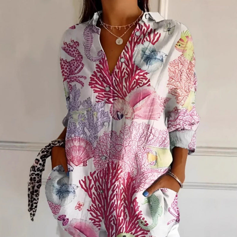 Sarah Express Women's Floral Print Long Sleeve Button-Up Shirt Casual Spring Summer Fall Top