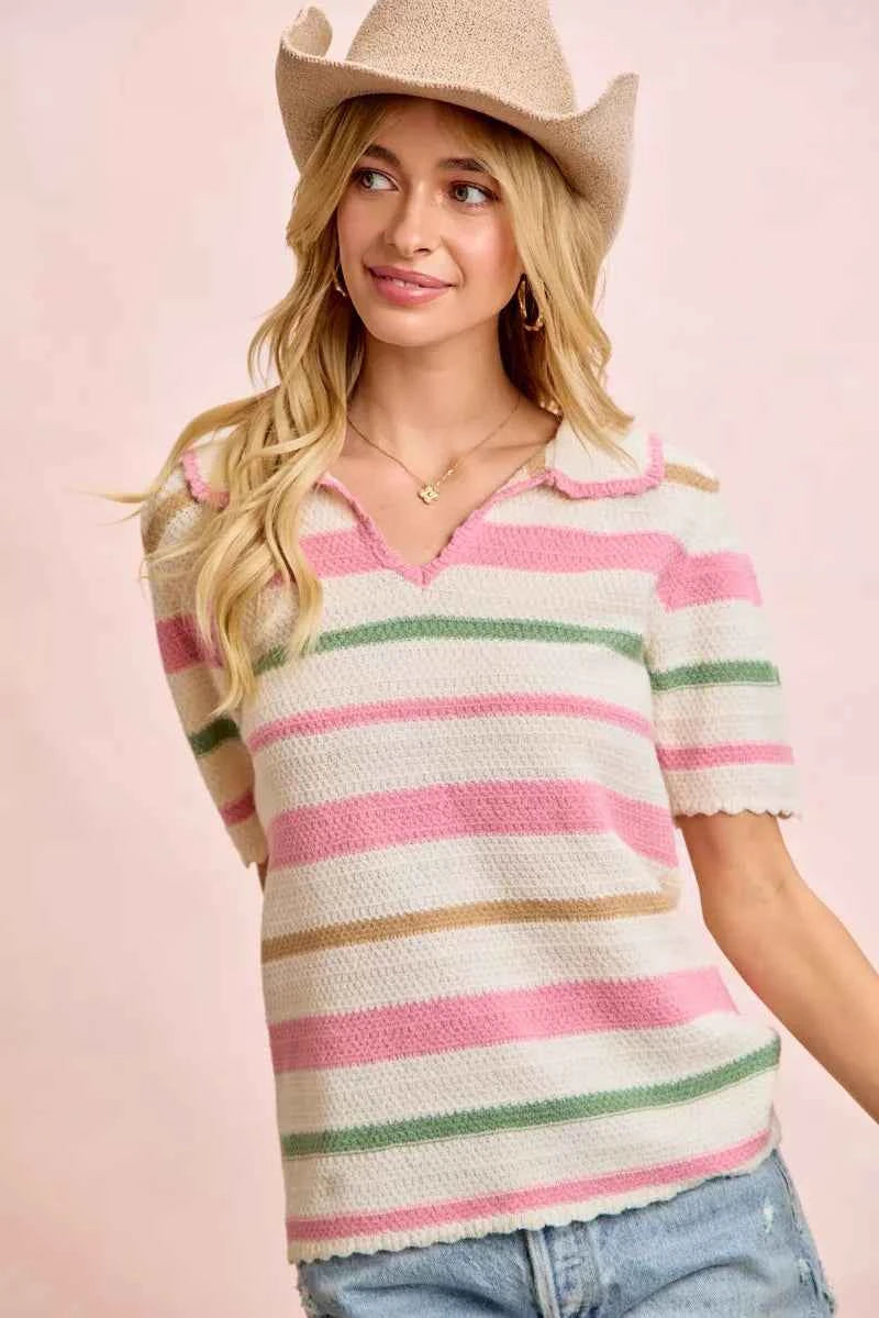 Sarah Express Women's Multi Color Striped Collared Knit Top - Ribbed Preppy Sweater