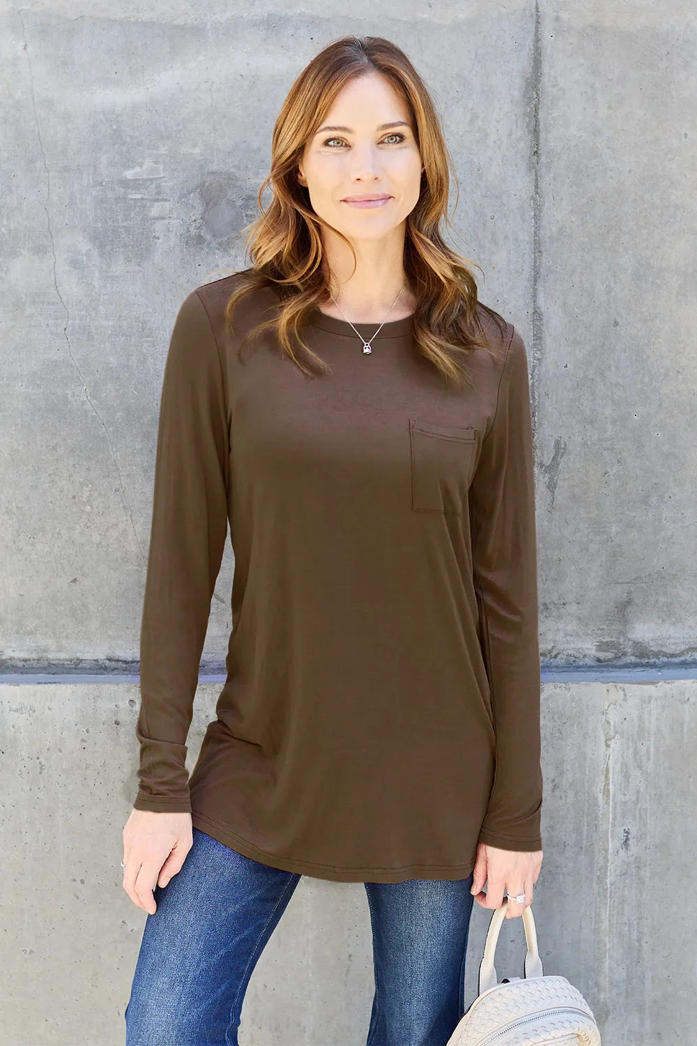 Sarah Express Women's Round Neck Long Sleeve Top with Pockets Chocolate