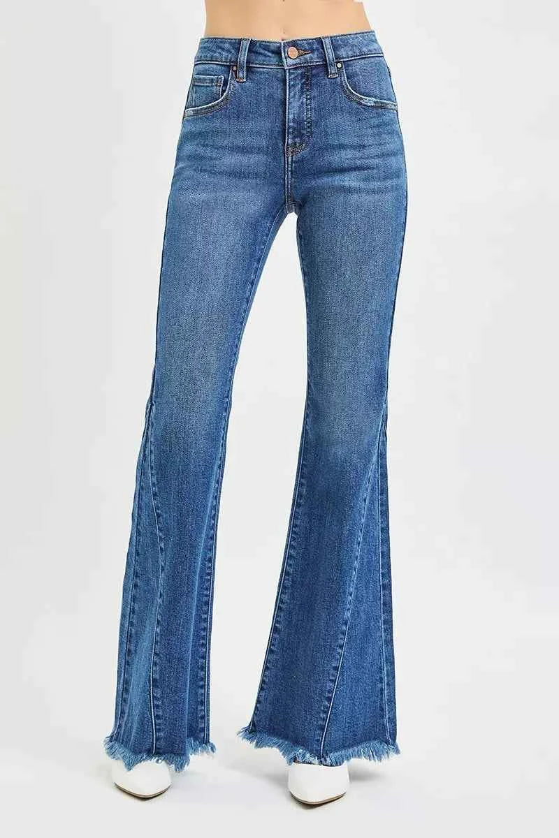 Sarah Express Women's Mid Rise Flare Jeans with Side Seam Detailing - RISEN Denim