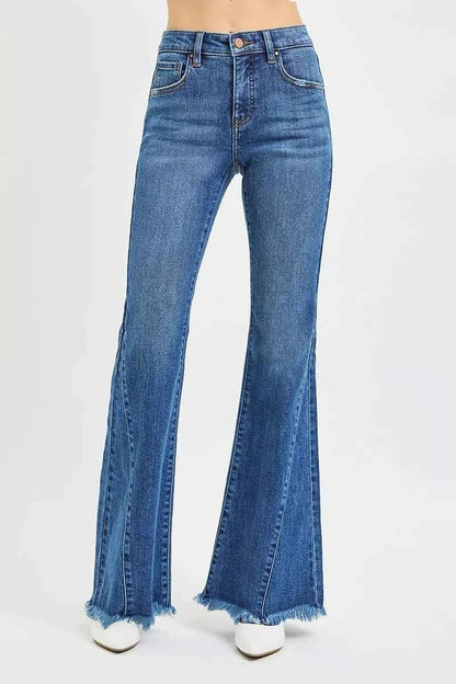 Sarah Express Women's Mid Rise Flare Jeans with Side Seam Detailing - RISEN Denim