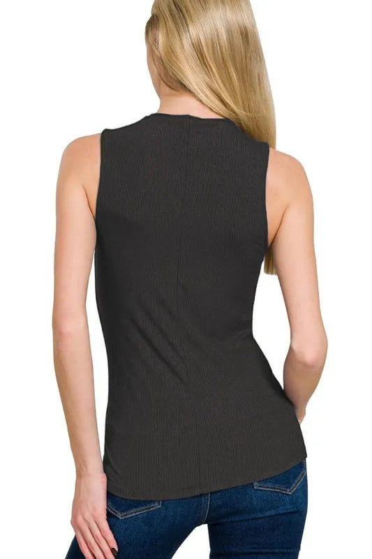 Sarah Express Women’s Ribbed Sleeveless Mock Neck Tank Top Casual