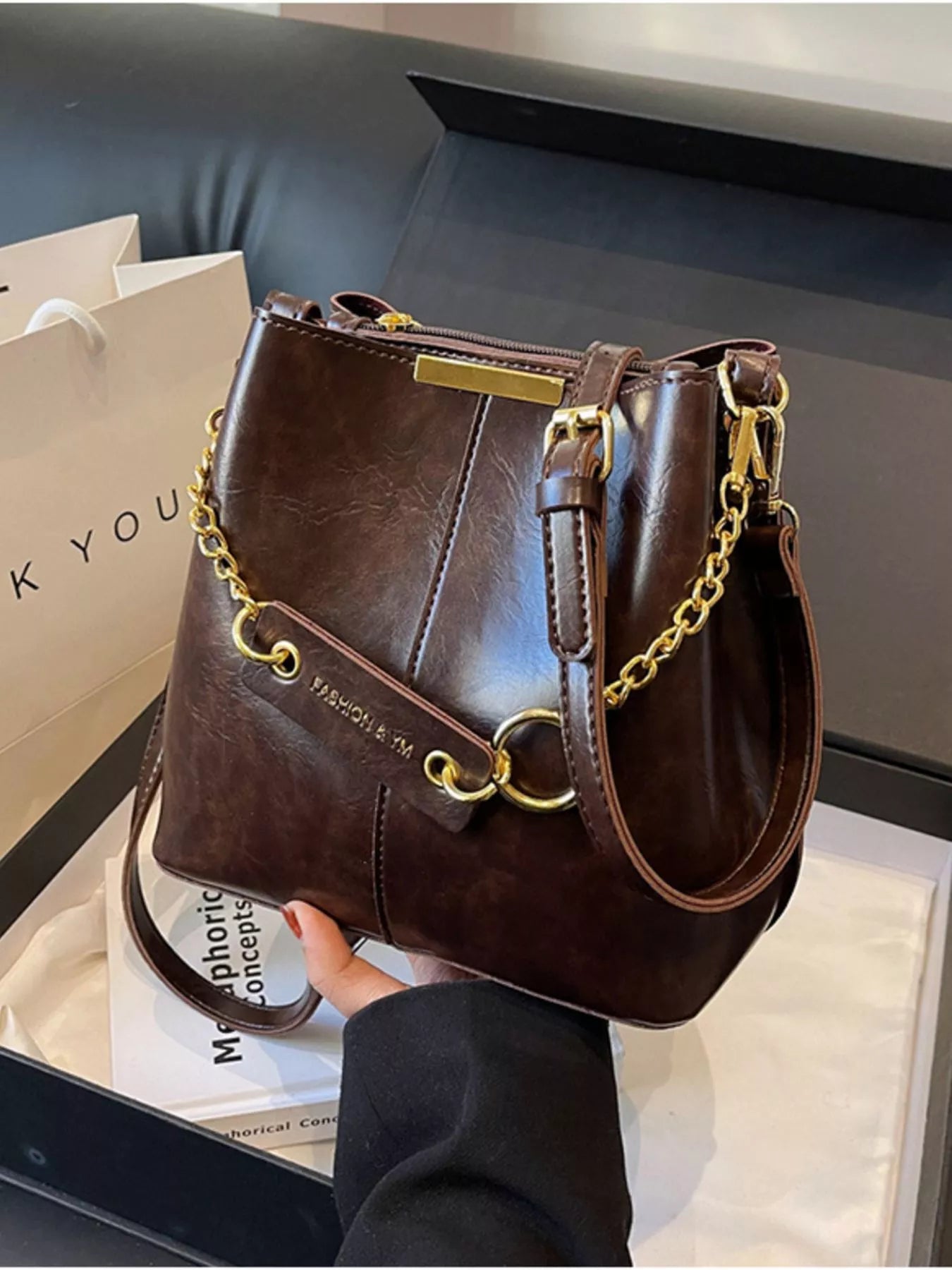 Sarah Express Women's Chain Decor Crossbody Bag - Medium PU Leather Shoulder Purse Mud Color ONESIZE