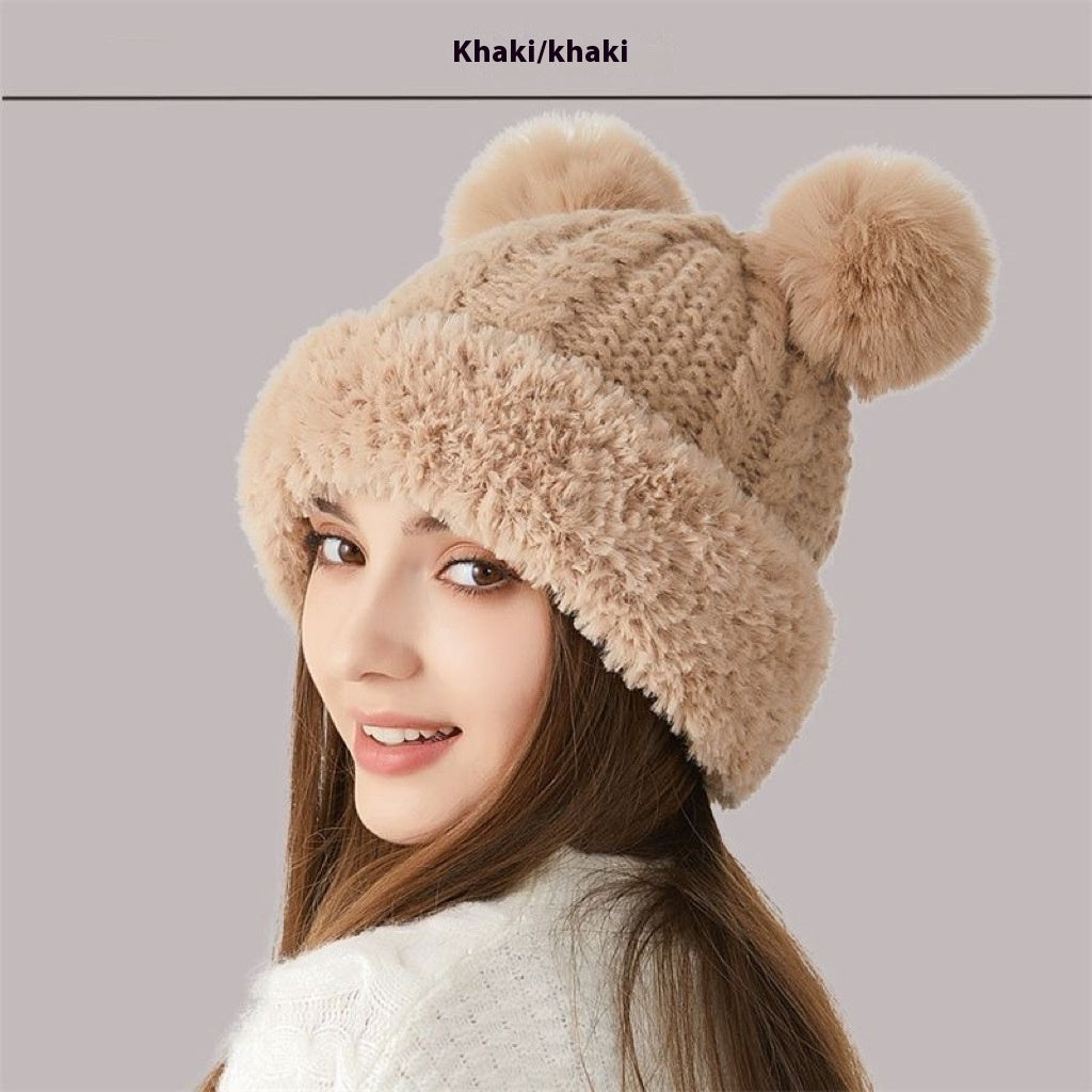 Sarah Express Women's Double Pom-Pom Knitted Winter Hat Fur Ball Dome Crown Windproof