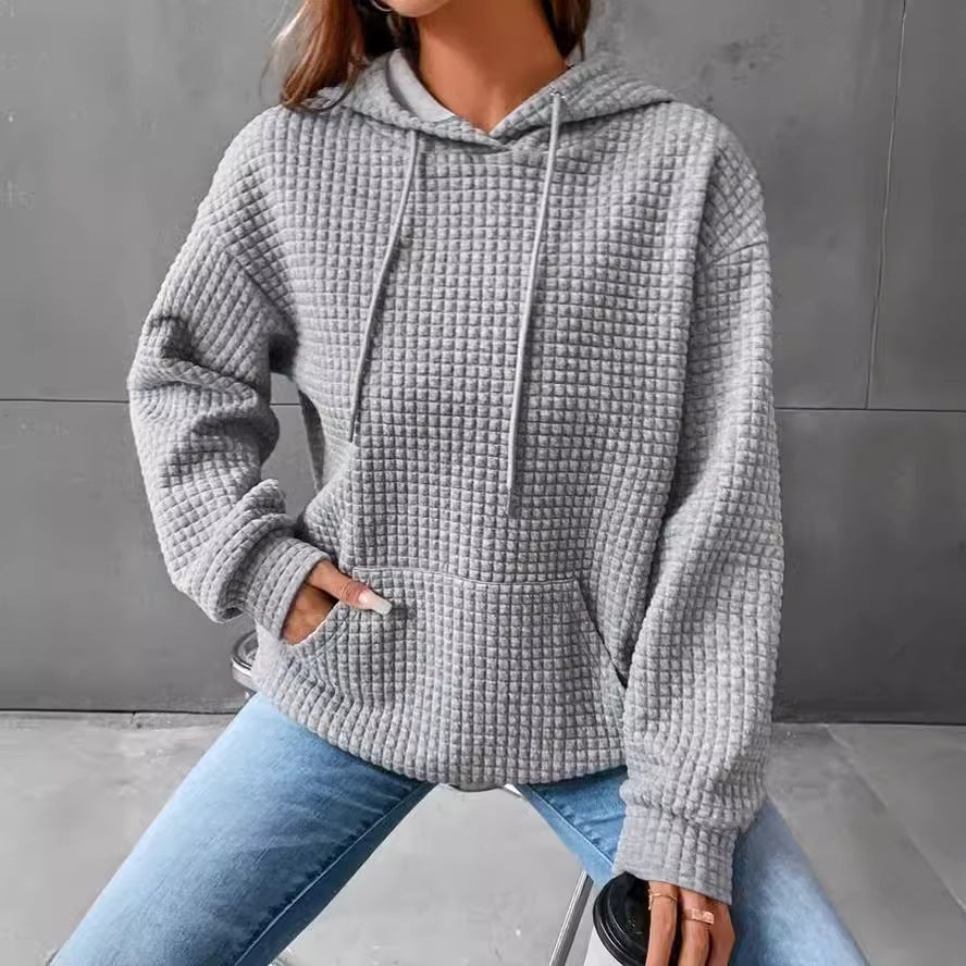 Sarah Express Women's Solid Color Hoodie Long Sleeve Plaid Pocket Pullover Sweatshirt Casual