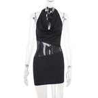 Sarah Express Women's Sequin Mesh Deep U-Neck Halter Mini Dress High Waist