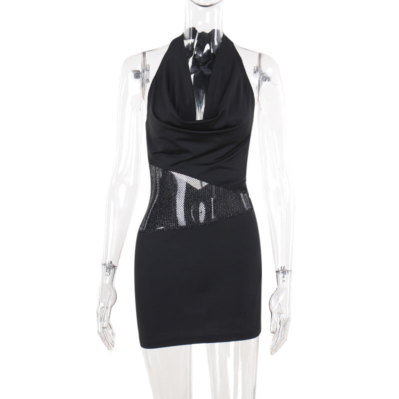 Sarah Express Women's Sequin Mesh Deep U-Neck Halter Mini Dress High Waist
