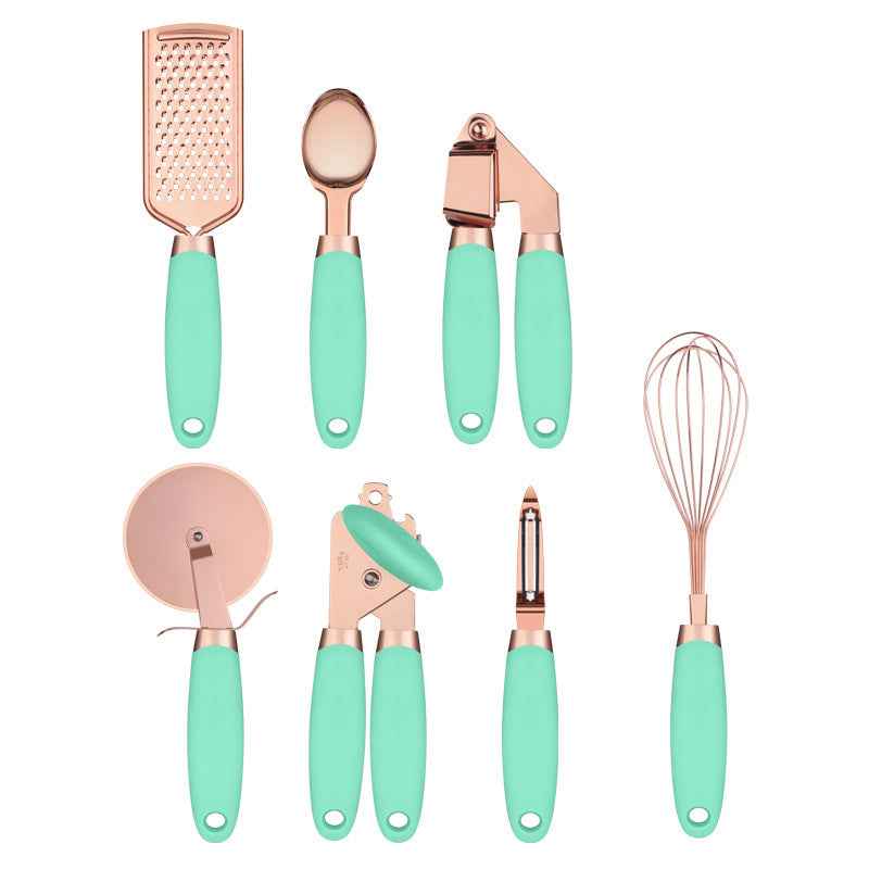 Sarah Express Rose Gold Kitchen Peeler & Utensil Set - 7 Piece Stainless Steel Cookware Tools Mint Green