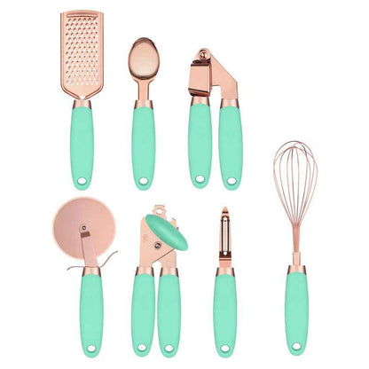 Sarah Express Rose Gold Kitchen Peeler & Utensil Set - 7 Piece Stainless Steel Cookware Tools Mint Green