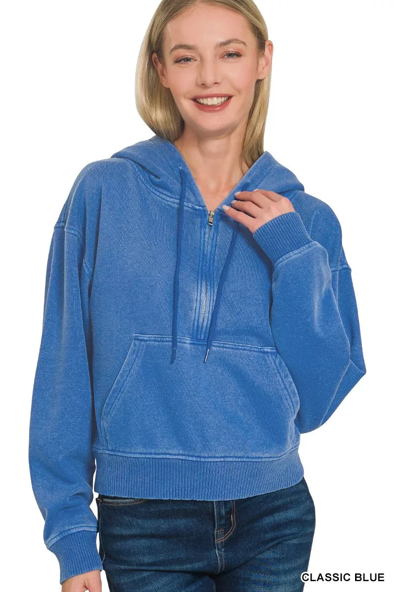 Sarah Express Women's Fleece Pigment Dye Half Zip Kangaroo Pocket Hoodie