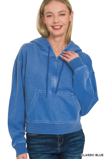 Sarah Express Women's Fleece Pigment Dye Half Zip Kangaroo Pocket Hoodie