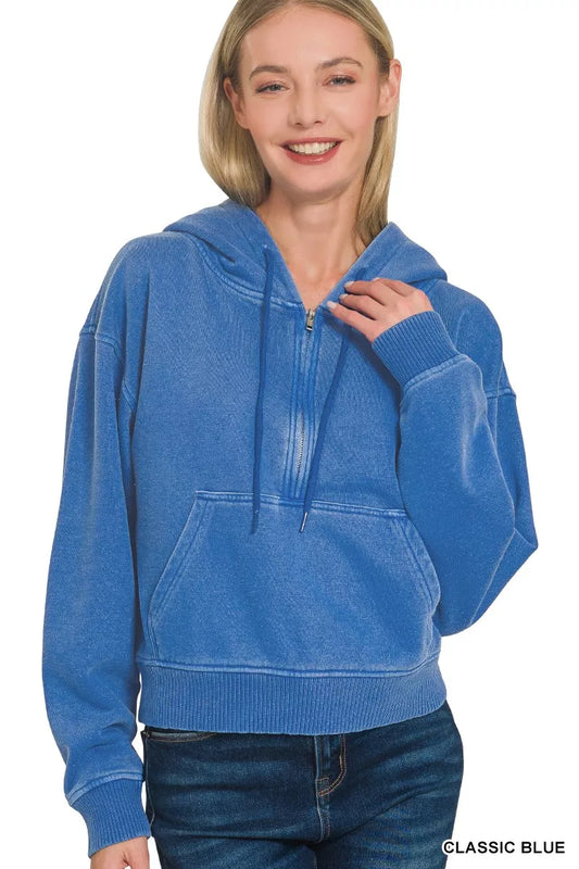 Sarah Express Women's Fleece Pigment Dye Half Zip Kangaroo Pocket Hoodie