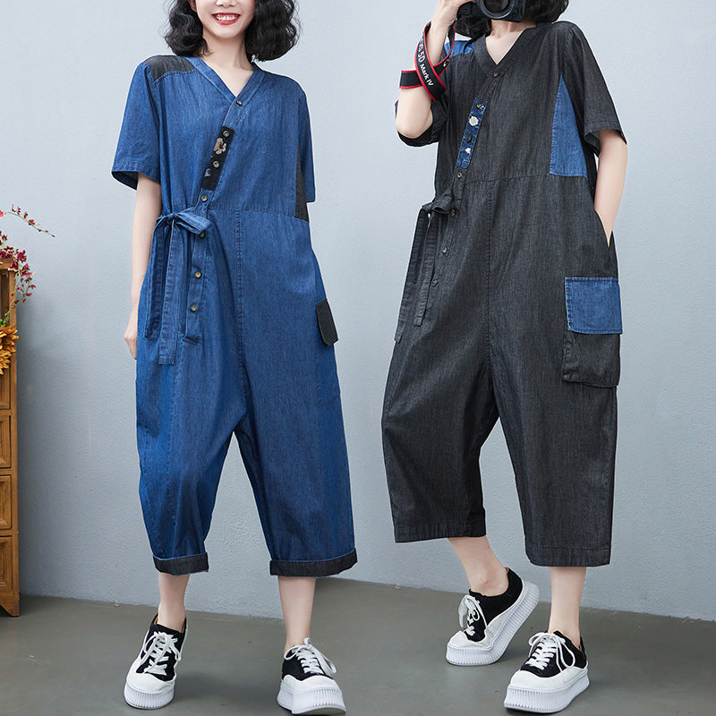 Sarah Express Drawstring Denim-Style Jumpsuit Wide Leg Cropped One Size