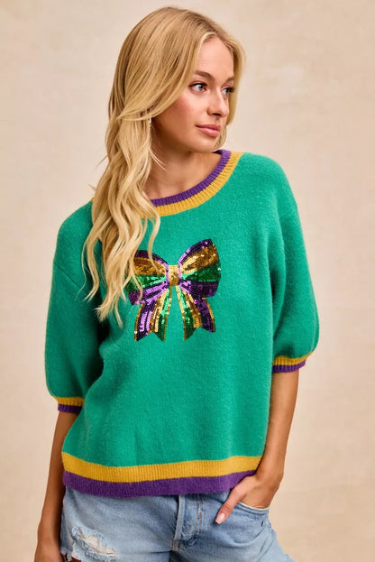 Sarah Express Women's Mardi Gras Sequin Ribbon Patched Sweater