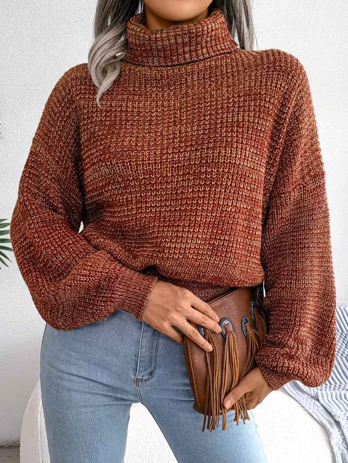 Sarah Express Women's Mixed Color Turtleneck Sweater - Lantern Sleeve Knit Pullover Orange