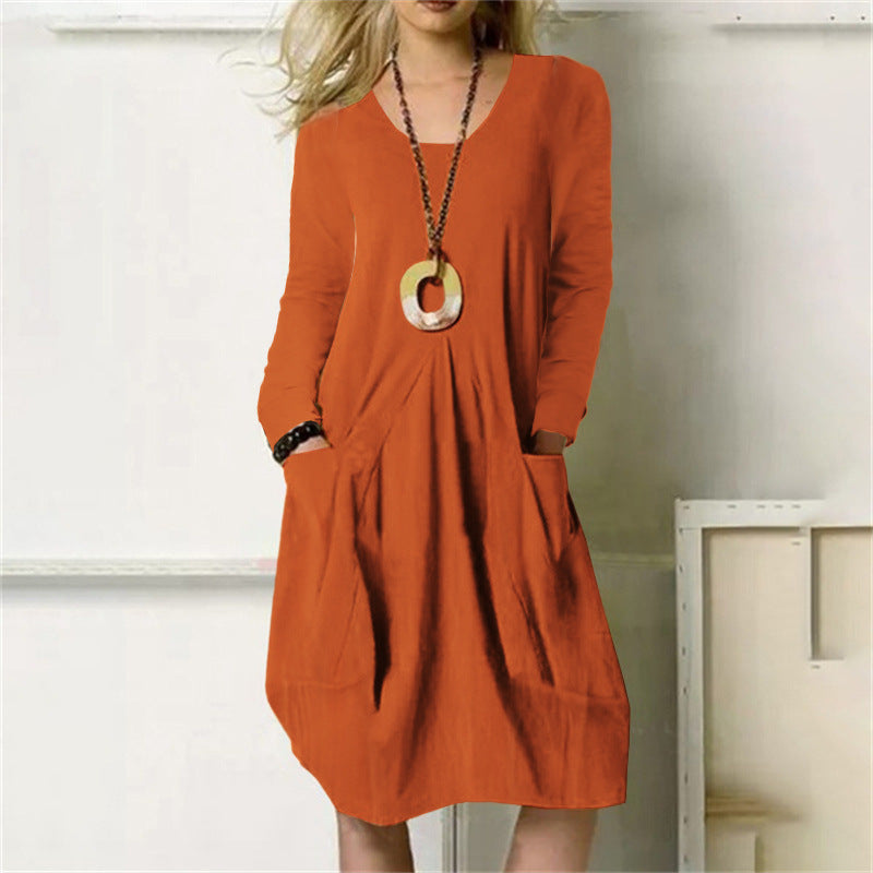 Sarah Express Women's Cotton Linen Pocket Dress Loose Fit Long Sleeve