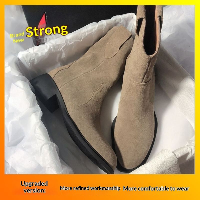 Sarah Express Women's Chunky Heel Ankle Boots – Slip-On Mid-Calf Block Heel Boots Apricot