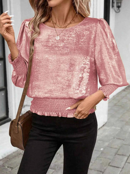 Sarah Express Women's Smocked Round Neck Long Sleeve Blouse