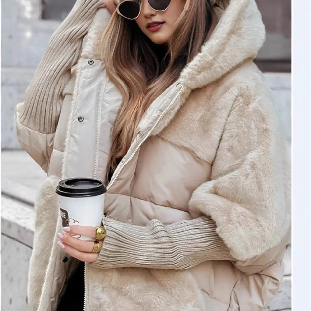 Sarah Express Women's Faux Fur Hooded Winter Coat - Loose Fit Cotton Patchwork Jacket Apricot