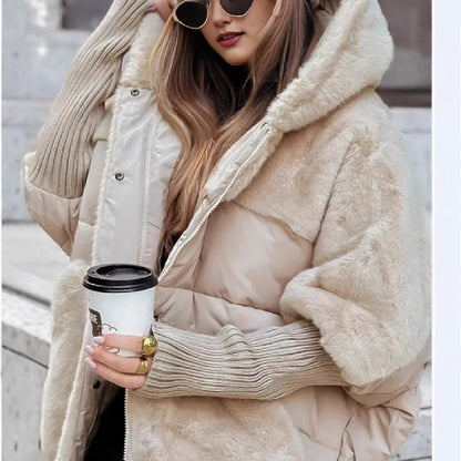 Sarah Express Women's Faux Fur Hooded Winter Coat - Loose Fit Cotton Patchwork Jacket Apricot