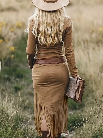 Sarah Express Women's Zip Front Long Sleeve Fringe Dress