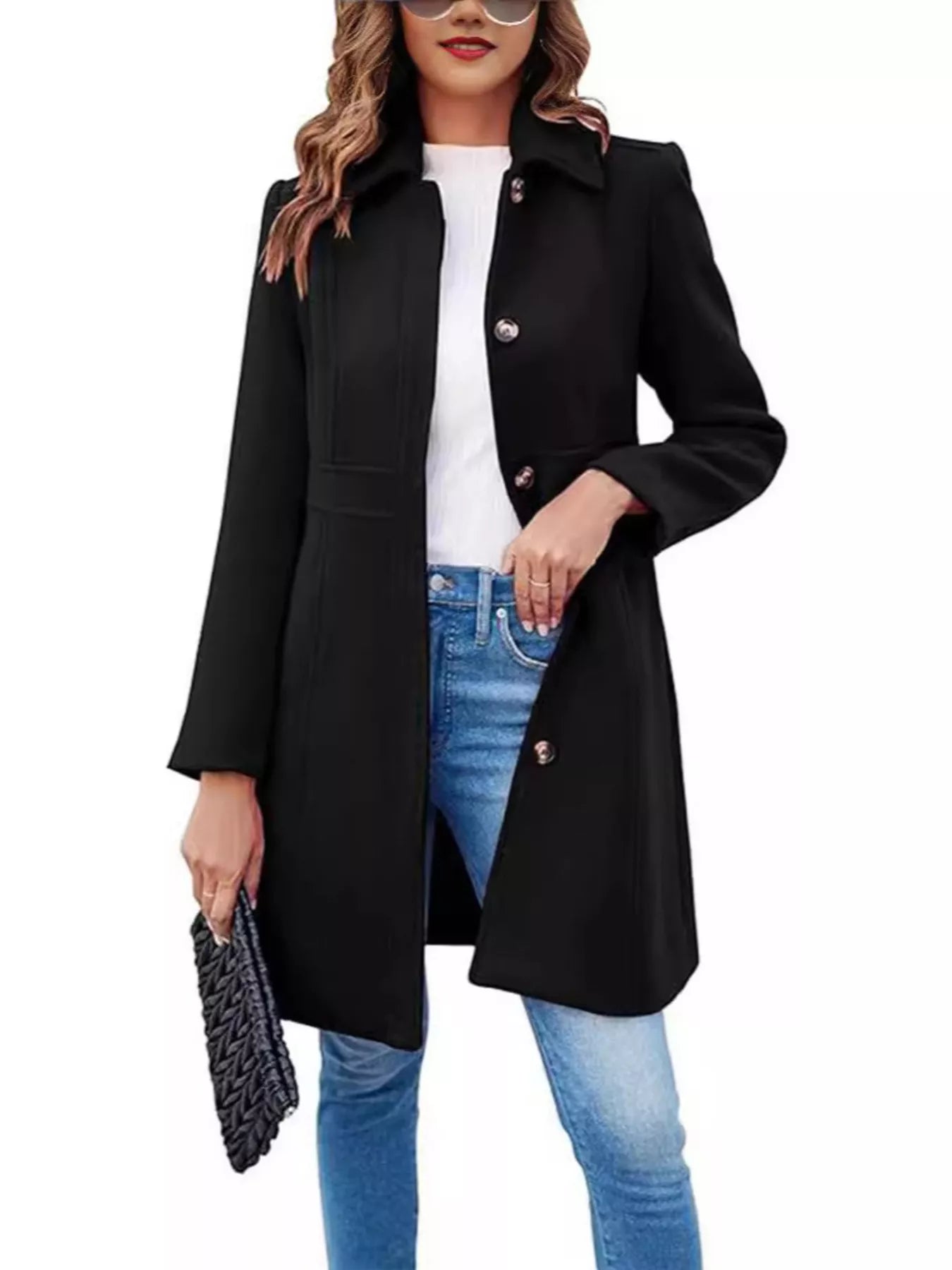 Sarah Express Women's Button-Down Wool Blend Coat Black