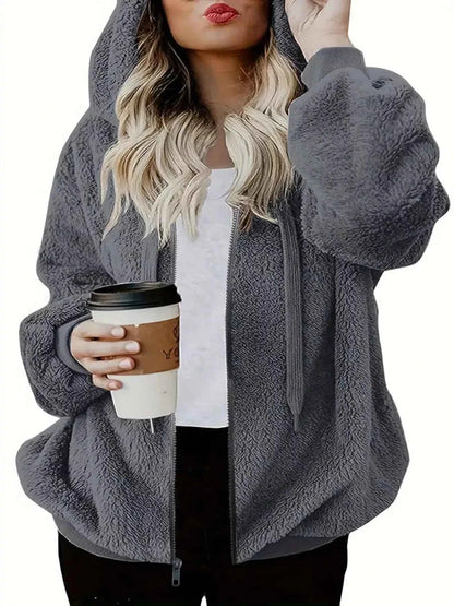 Sarah Express Women's Fleece Zip-Up Jacket - Drawstring Hooded Outerwear Gray