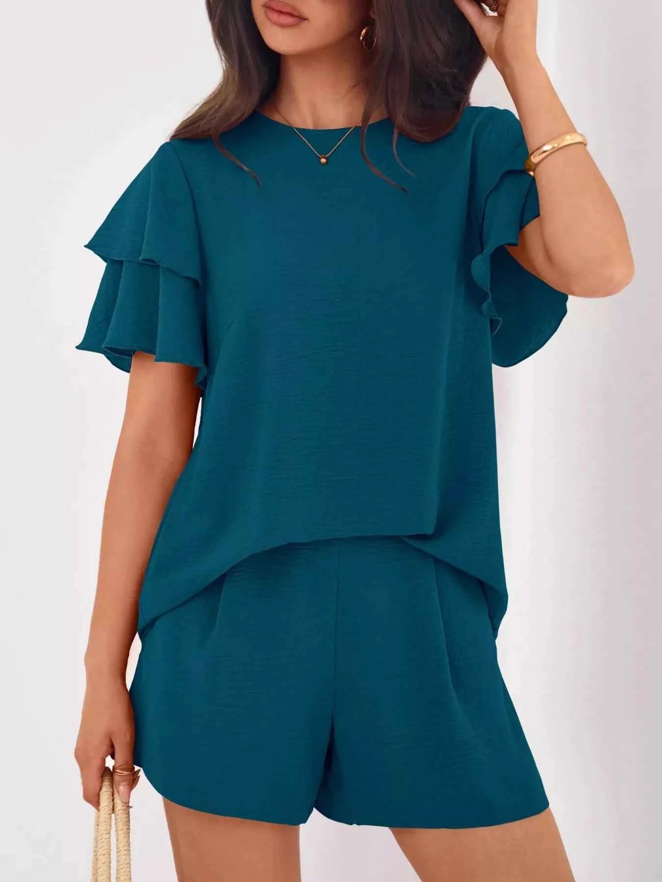 Sarah Express Women's Ruffle Sleeve Top and Shorts Two-Piece Set - Casual Summer Outfit French Blue