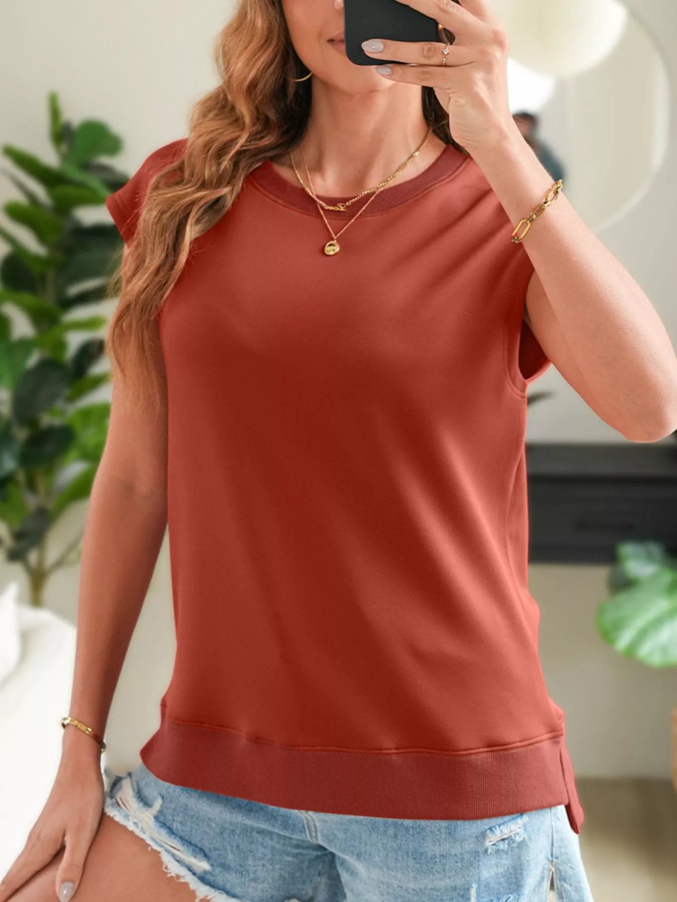 Sarah Express Women's Ribbed Trim Cap Sleeve Sweatshirt