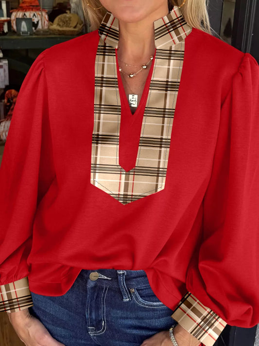 Sarah Express Women's Contrast Plaid Patchwork V Neck Long Sleeve Blouse Deep Red