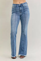 Sarah Express Women’s High Rise Flare Jeans with Fray Hem and Pintuck Detail