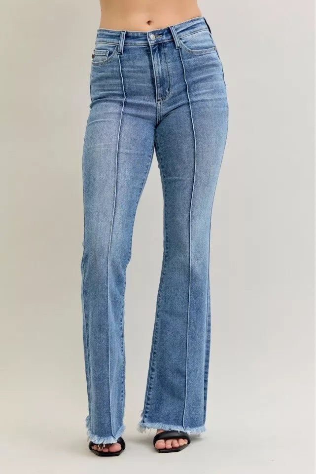 Sarah Express Women’s High Rise Flare Jeans with Fray Hem and Pintuck Detail