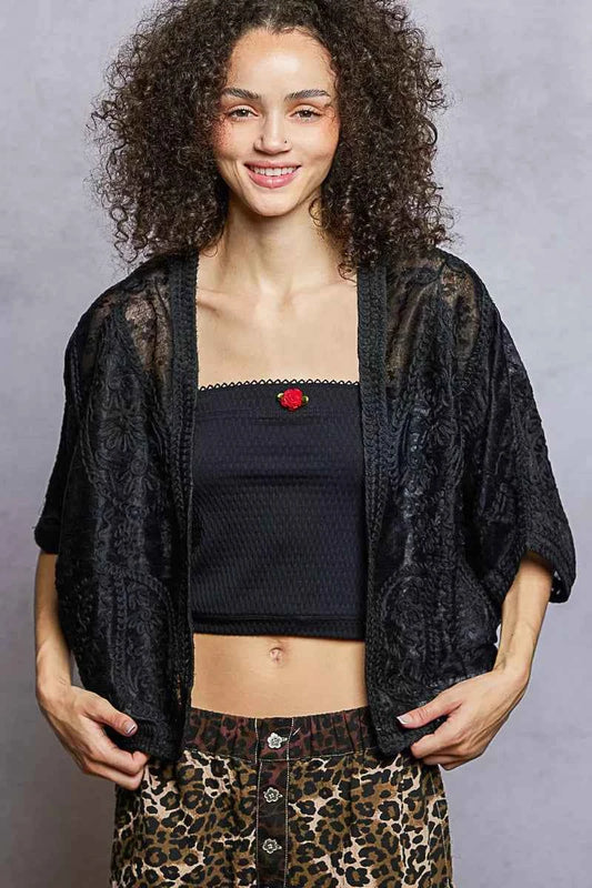 POL Open Front Crochet Cardigan with Floral Embroidery