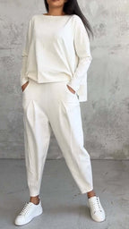 Sarah Express Women's Long Sleeve Round Neck Top and Harem Pants Two-Piece Casual Set