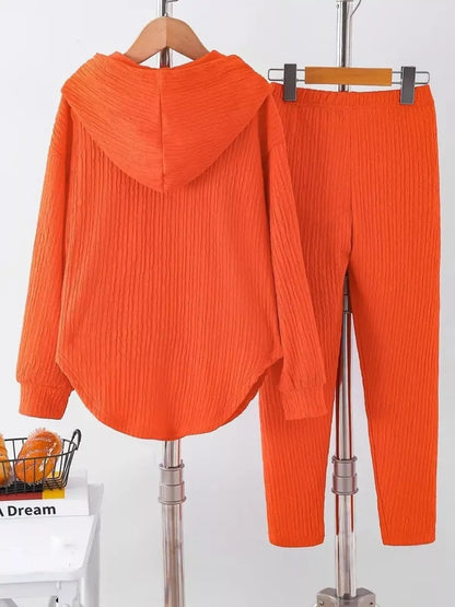Sarah Express Women's Textured Long Sleeve Hoodie and Pants Set Orange