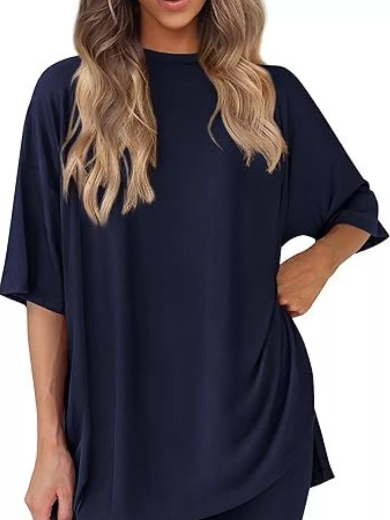 Sarah Express Women's Relaxed Fit Round Neck Top and Shorts Two-Piece Set - Plus Size Loungewear Dark Blue