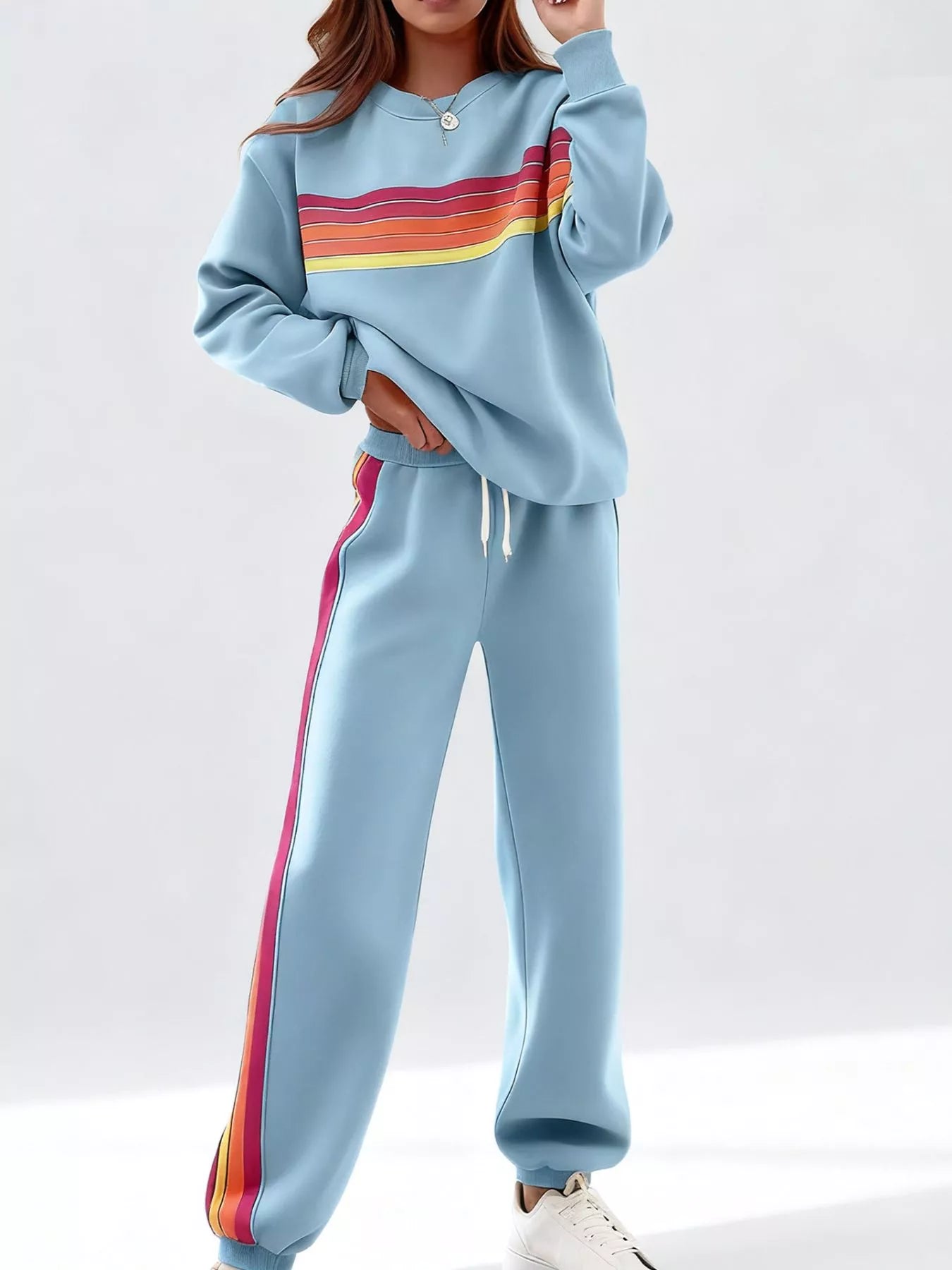 Sarah Express Women's Striped Round Neck Sweatshirt and Pants Lounge Set Blue