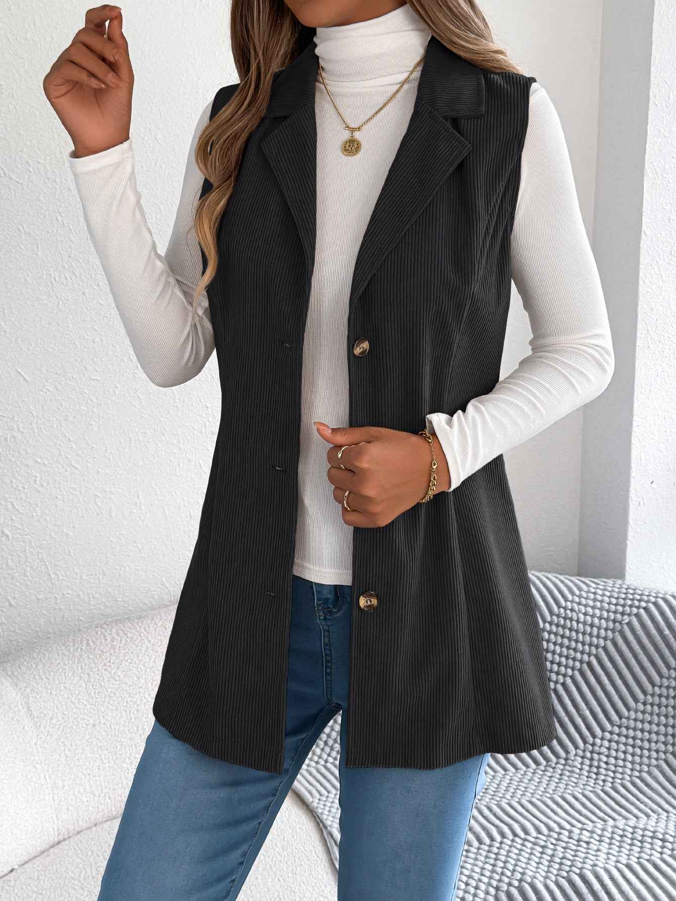Sarah Express Women's Single-Breasted Corduroy Vest Jacket Blazer Black