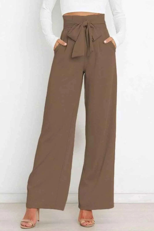 Sarah Express Women's High Waist Tie Front Wide Leg Pants - Pocketed Palazzo Trousers Khaki