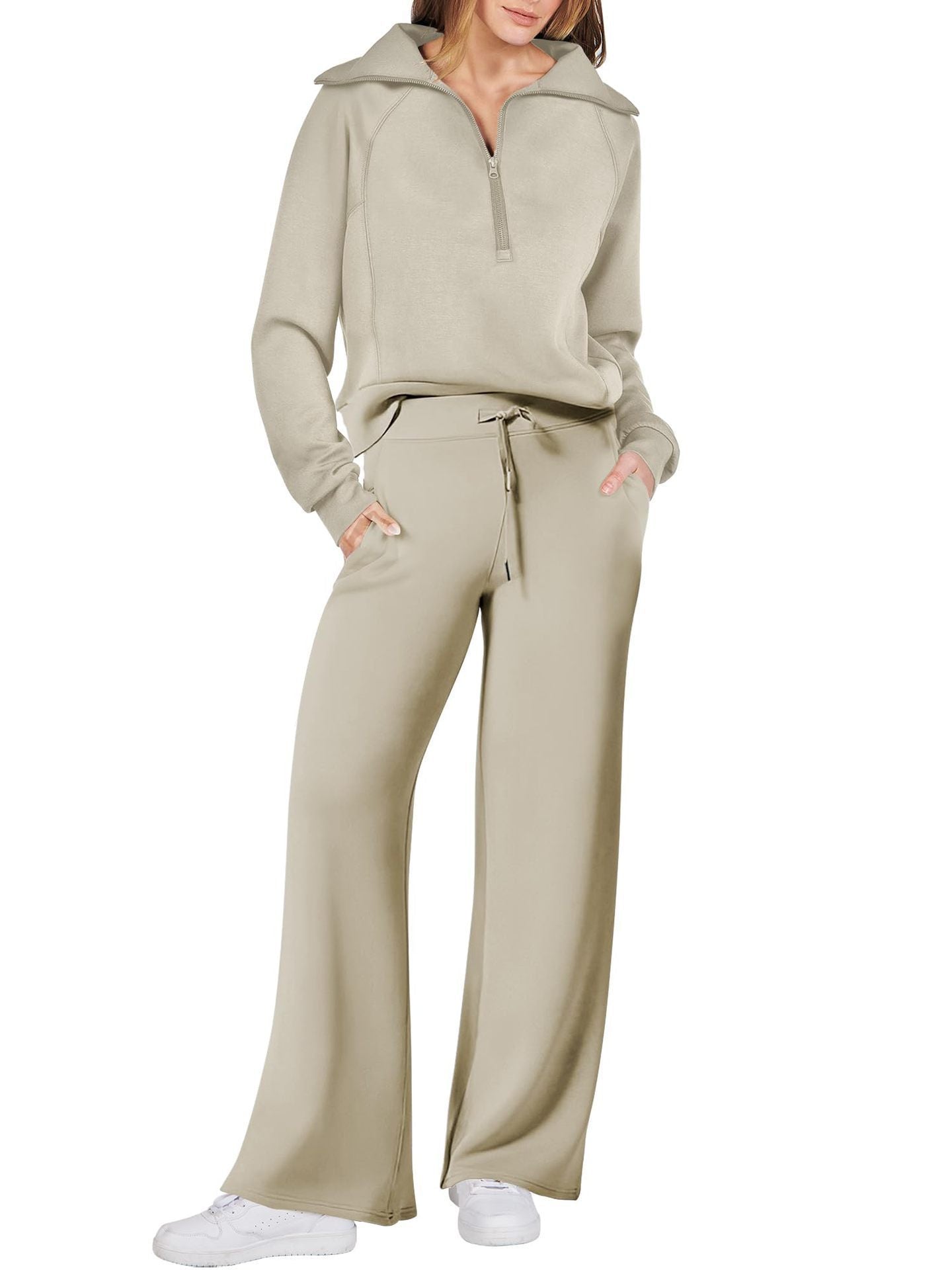 Sarah Express Women's Long Sleeve Zipper Sweatshirt and Wide-Leg Pants Athleisure Set