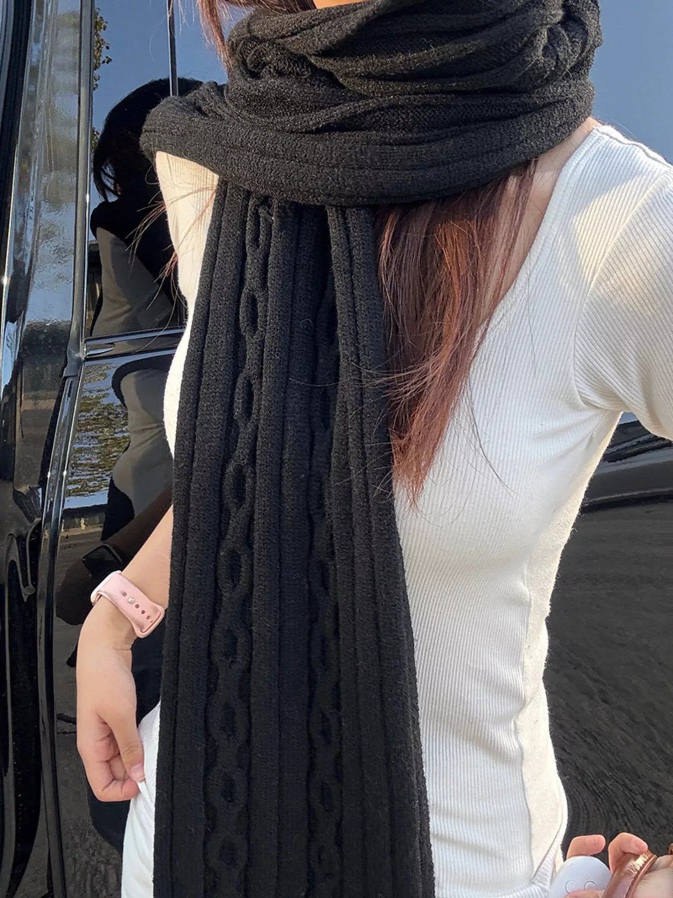 Sarah Express Women's Textured Knit Winter Scarf - Cozy Warm Infinity Scarf Black ONESIZE