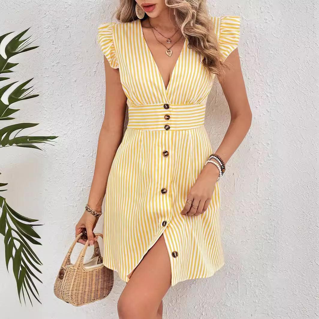 Sarah Express Women's V-Neck Button Front Flutter Sleeve Stripe Print Dress