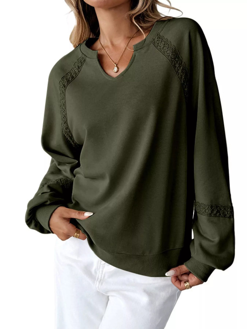 Sarah Express Women's Notched Raglan Sleeve Sweatshirt with Lace Detail