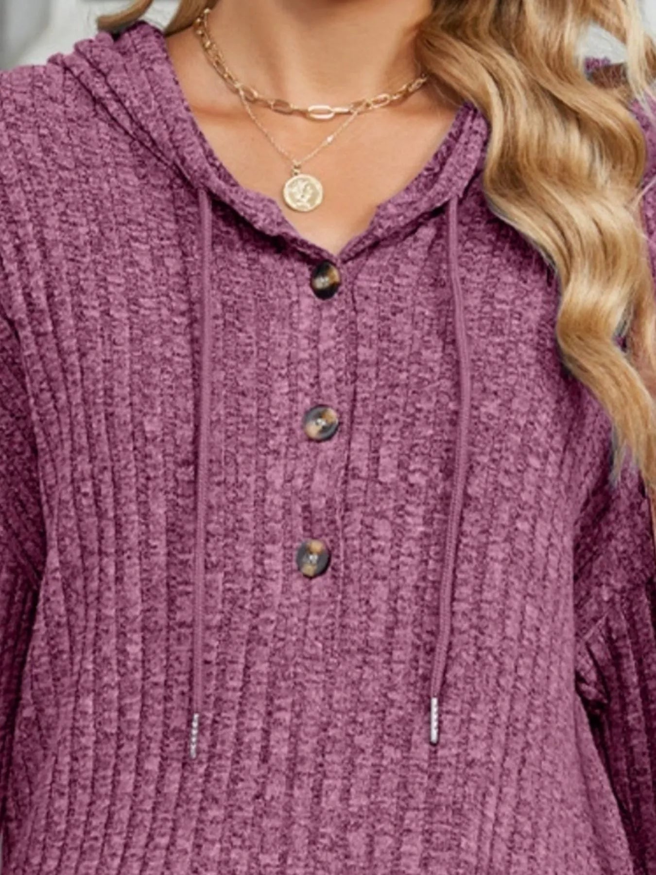 Sarah Express Women's Ribbed Knit Hoodie with Button Detail - Casual Drawstring Pullover
